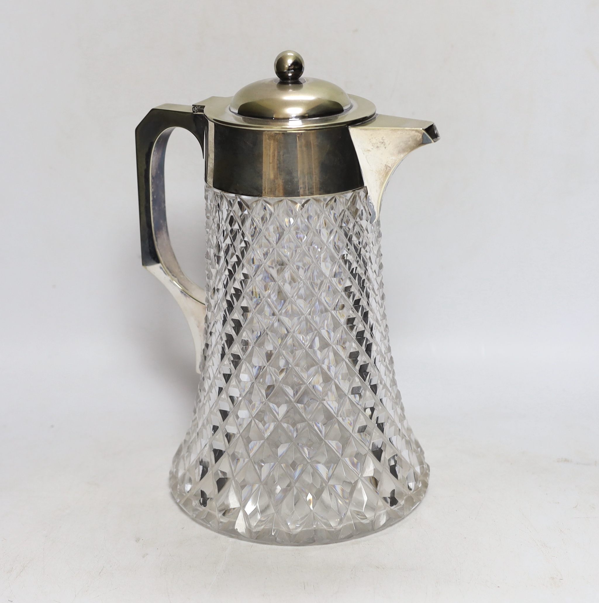 A silver plate mounted cut glass lemonade jug, 29cm